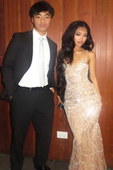 Luxury Champagne Crystal Beaded Mermaid Prom Dress with Spaghetti Straps