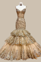 Luxury Gold Mermaid Prom Gown Featuring Sequin Corset Bodice and Tiered Ruffle Skirt