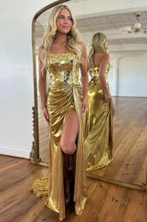 Luxury Gold Strapless Metallic Prom Dress with Mirror Top & Side Slit