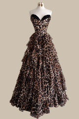 Luxury Leopard Print Strapless Prom Gown with Tiered Ruffle Skirt