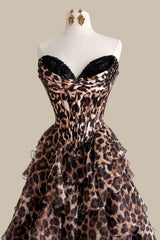 Luxury Leopard Print Strapless Prom Gown with Tiered Ruffle Skirt