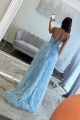 Luxury Light Blue Sweetheart Lace Up Feather Skirt Lace Bodice Prom Gown
