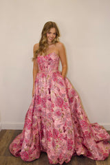 Luxury Pink Floral Jacquard Strapless Corset A-Line Prom Ball Gown