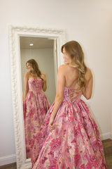 Luxury Pink Floral Jacquard Strapless Corset A-Line Prom Ball Gown