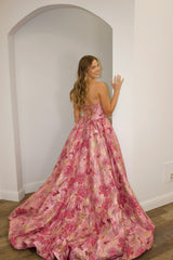 Luxury Pink Floral Jacquard Strapless Corset A-Line Prom Ball Gown