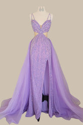 Luxury Purple Sequin Spaghetti Strap Mermaid Prom Dress with Flowing Cape Train
