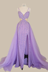 Luxury Purple Sequin Spaghetti Strap Mermaid Prom Dress with Flowing Cape Train