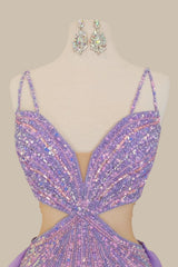 Luxury Purple Sequin Spaghetti Strap Mermaid Prom Dress with Flowing Cape Train