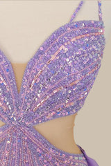 Luxury Purple Sequin Spaghetti Strap Mermaid Prom Dress with Flowing Cape Train