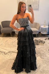 Luxury Strapless Black Beaded Prom Dress with Corset Bodice and Bow Waist