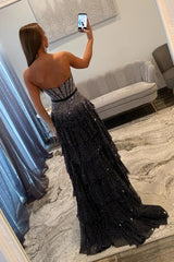 Luxury Strapless Black Beaded Prom Dress with Corset Bodice and Bow Waist