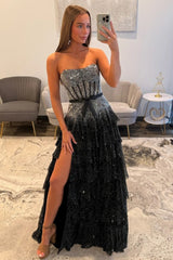 Luxury Strapless Black Beaded Prom Dress with Corset Bodice and Bow Waist
