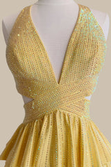 Luxury Yellow Halter Formal Dress with Open Waist and Multi-Layer Ruffle Skirt
