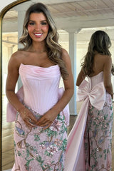 Luxury Blush Pink Strapless Prom Gown with Corset Bodice Floral Sequin Detail & Train