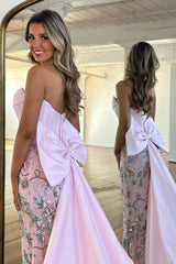 Luxury Blush Pink Strapless Prom Gown with Corset Bodice Floral Sequin Detail & Train