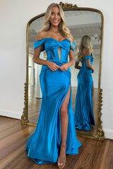 Mermaid Off the Shoulder Long Satin Gown with Slit Detail Prom Dress