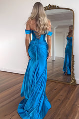 Mermaid Off the Shoulder Long Satin Gown with Slit Detail Prom Dress
