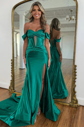 Mermaid Off the Shoulder Long Satin Gown with Slit Detail Prom Dress