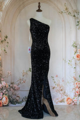 Mermaid One Shoulder Black Sequins Long Prom Dress with Open Back