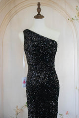 Mermaid One Shoulder Black Sequins Long Prom Dress with Open Back