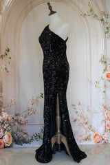 Mermaid One Shoulder Black Sequins Long Prom Dress with Open Back