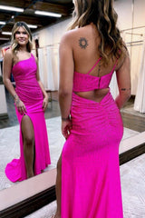 Asymmetric Beaded Gown with Figure Hugging Silhouette Split Prom Dresses