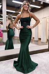Styish Mermaid Spaghetti Straps Dark Green Long Prom Dress Cross Back with Beading