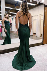 Styish Mermaid Spaghetti Straps Dark Green Long Prom Dress Cross Back with Beading