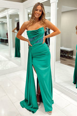 Mermaid Strapless Green Satin Floor Length Gown with Beading Prom Dress