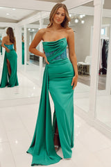 Mermaid Strapless Green Satin Floor Length Gown with Beading Prom Dress
