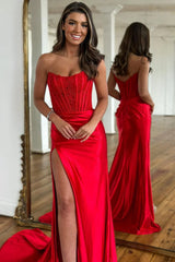 Stylish Mermaid Strapless Lace Top Red Long Satin Prom Dress with Split