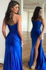 Stunning Strapless Red Satin Prom Dress with Glitter Bodice and Side Slit