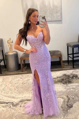 Stunning Mermaid Sweetheart Lilac Long Lace Corset Prom Dress with Appliques