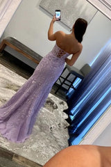 Stunning Mermaid Sweetheart Lilac Long Lace Corset Prom Dress with Appliques