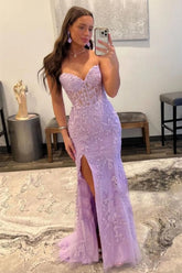 Stunning Mermaid Sweetheart Lilac Long Lace Corset Prom Dress with Appliques