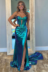 Metallic Dark Green Cut-Out Mermaid Prom Dress with High Slit and Train