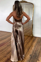 Metallic Sweetheart Neckline Pleated Jumpsuit with Zipper Back for Prom