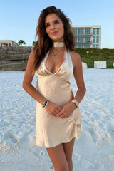 Minimalist Champagne Halter Neck Short Homecoming Party Dress