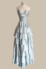 Minimalist Silver Blue A-Line Prom Dress with Structured Waist and Tiered Design