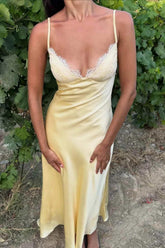 Minimalist Yellow Spaghetti Straps Satin Prom Dress with Lace Bust Detail