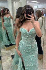 Mint Green Mermaid Off Shoulder Prom Dress with Floral Appliques and Glitter