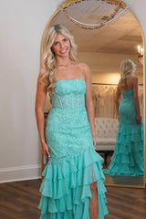 Stunning Mermaid Strapless Zipper Back Lace Corset Prom Dress with Ruffle Skirt