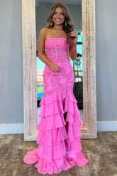 Stunning Mermaid Strapless Zipper Back Lace Corset Prom Dress with Ruffle Skirt