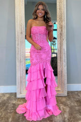 Stunning Mermaid Strapless Zipper Back Lace Corset Prom Dress with Ruffle Skirt