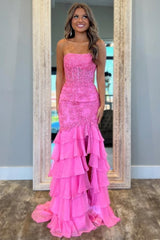 Stunning Mermaid Strapless Zipper Back Lace Corset Prom Dress with Ruffle Skirt