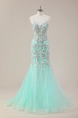 Sequin Corset Mint Green Mermaid Prom Gown with Delicate Spaghetti Straps and Soft Tulle Skirt