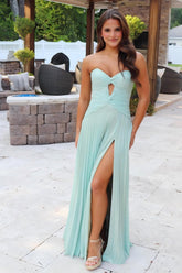 Mint Green Strapless Pleated Prom Dress with Front Twist & Slit