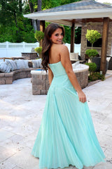 Mint Green Strapless Pleated Prom Dress with Front Twist & Slit