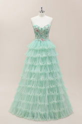 Mint Green Floral Corset Bodice Ball Gown with Tiered Tulle Skirt and Lace-Up Closure