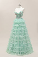 Mint Green Floral Corset Bodice Ball Gown with Tiered Tulle Skirt and Lace-Up Closure